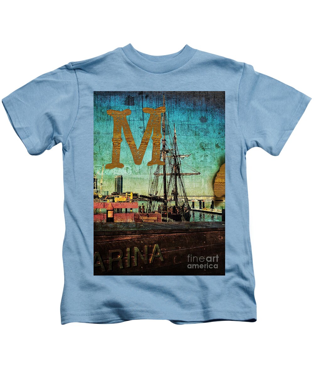 Melbourne Kids T-Shirt featuring the photograph Grungy Melbourne Australia Alphabet Series Letter M Marina Dockl by Beverly Claire Kaiya
