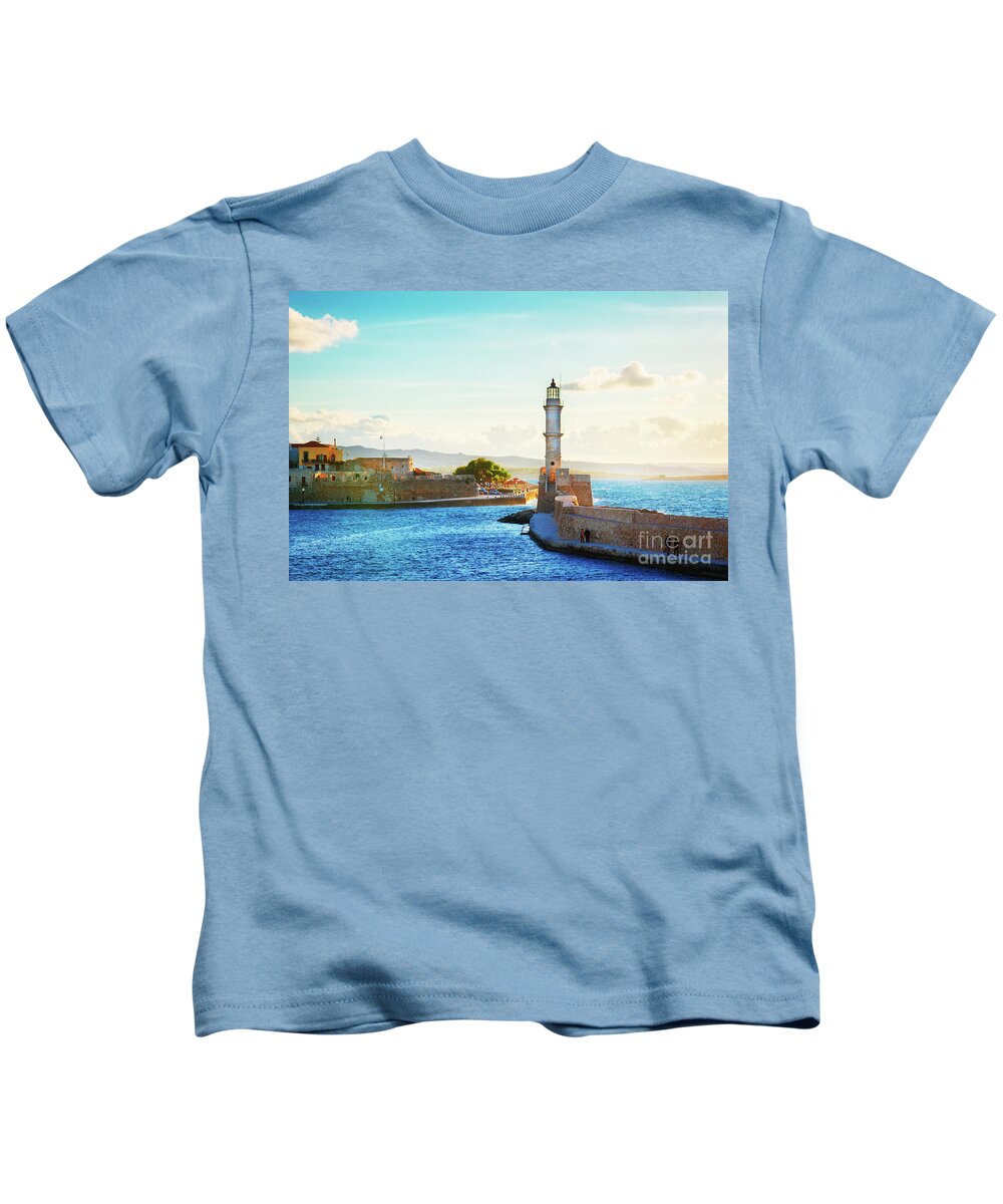 Chania Kids T-Shirt featuring the photograph Habour and Lighthouse of Chania by Anastasy Yarmolovich