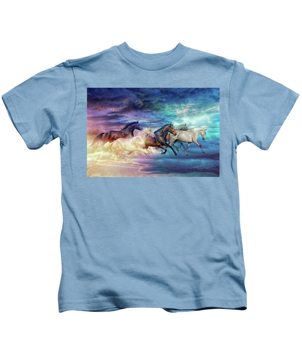 Horses Kids T-Shirt featuring the digital art Herd of horses in pastel by Lilia S