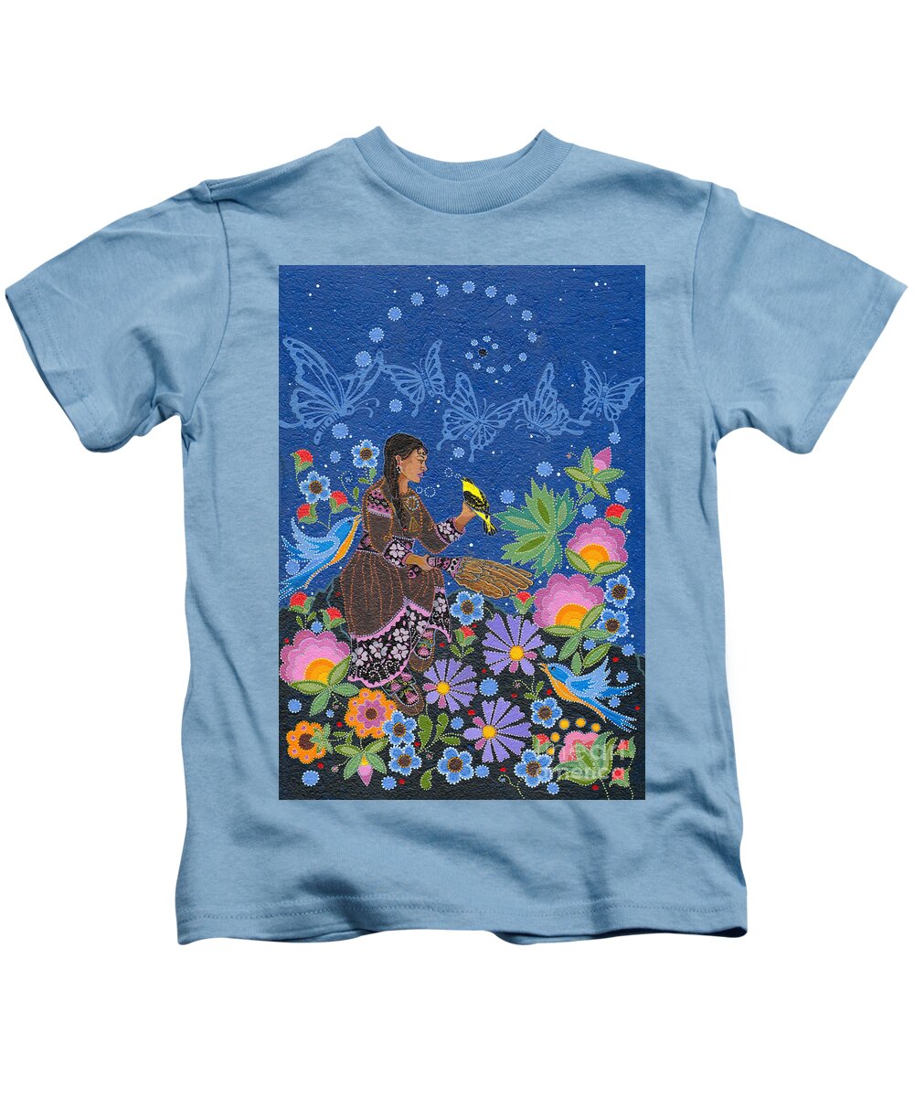 Native Women Kids T-Shirt featuring the painting Hole In the Sky's Daughter by Chholing Taha