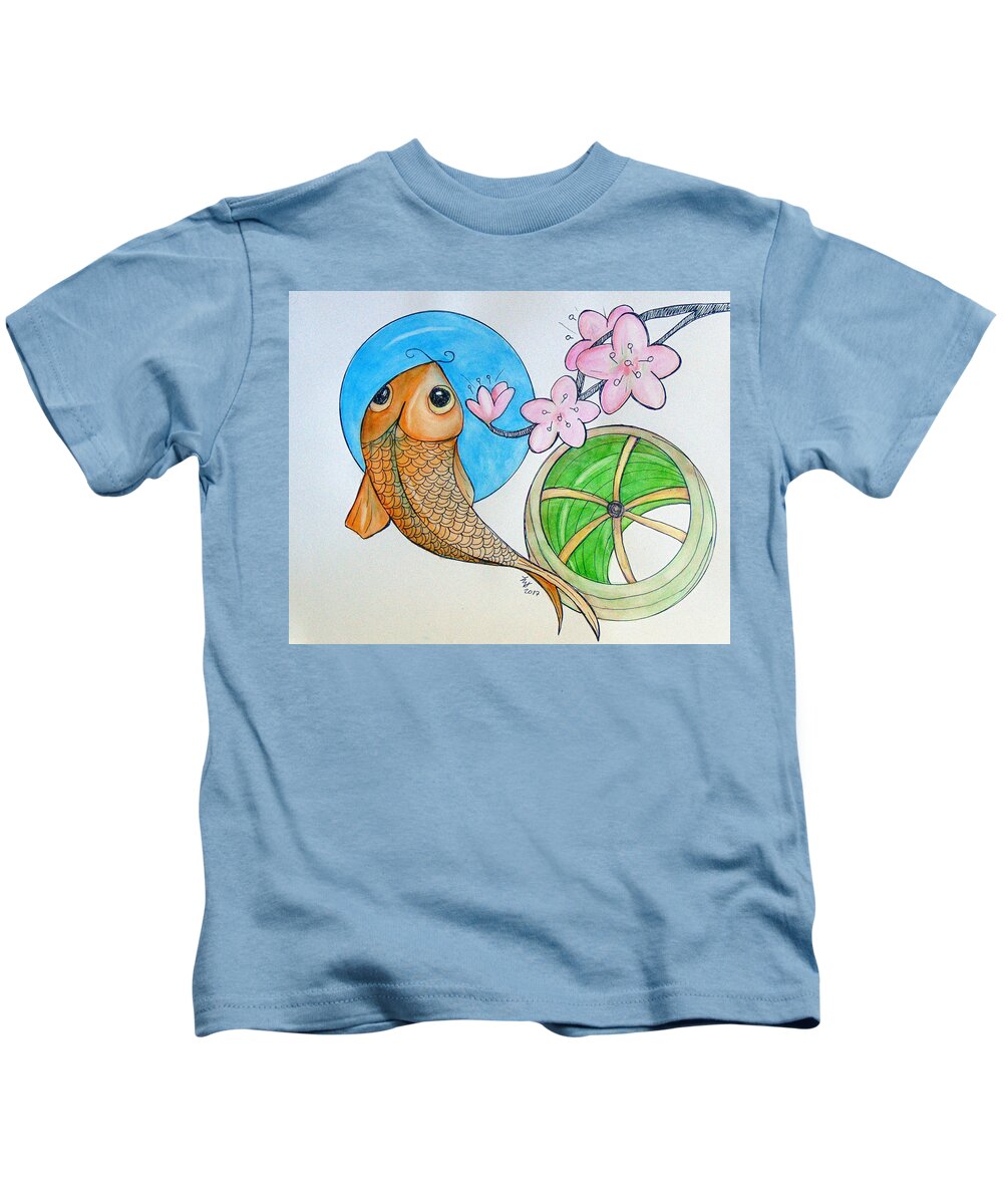 Cherry Kids T-Shirt featuring the painting Karp and Cherry Blooms by Loretta Nash