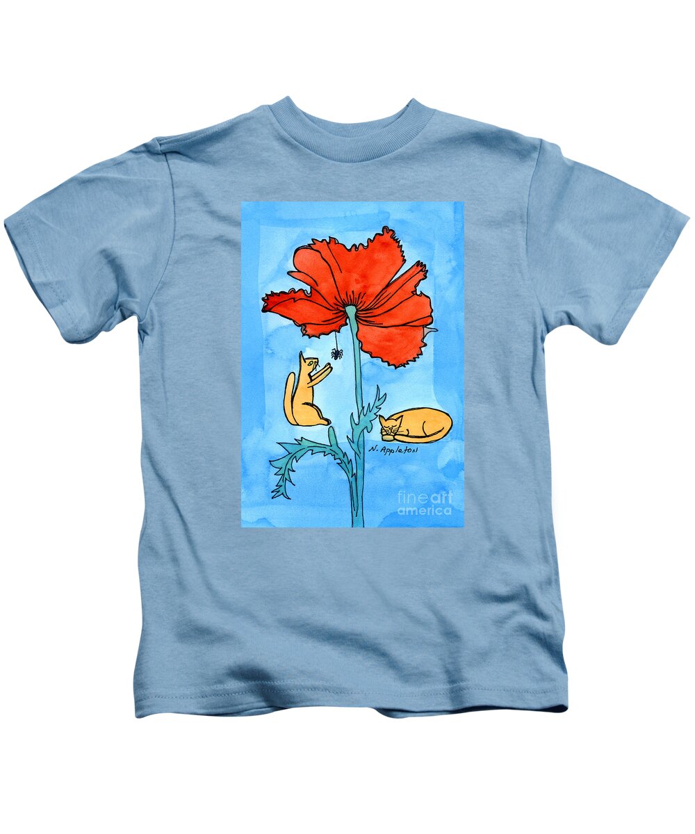 Poppy Cartoon Kids T-Shirt featuring the painting Kitties and the Poppy by Norma Appleton