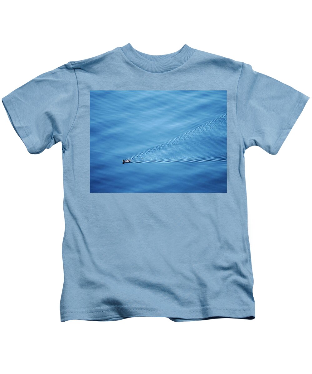 Blue Kids T-Shirt featuring the photograph Little Duck Big Lake by Todd Bannor