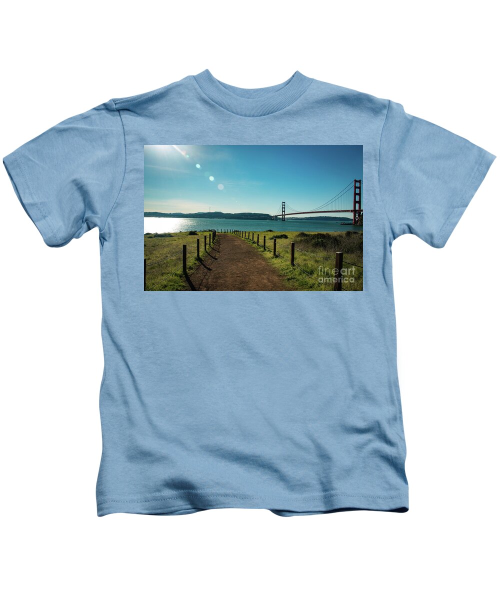 Bridge Kids T-Shirt featuring the photograph Lonely path with the golden gate bridge in the background by Amanda Mohler