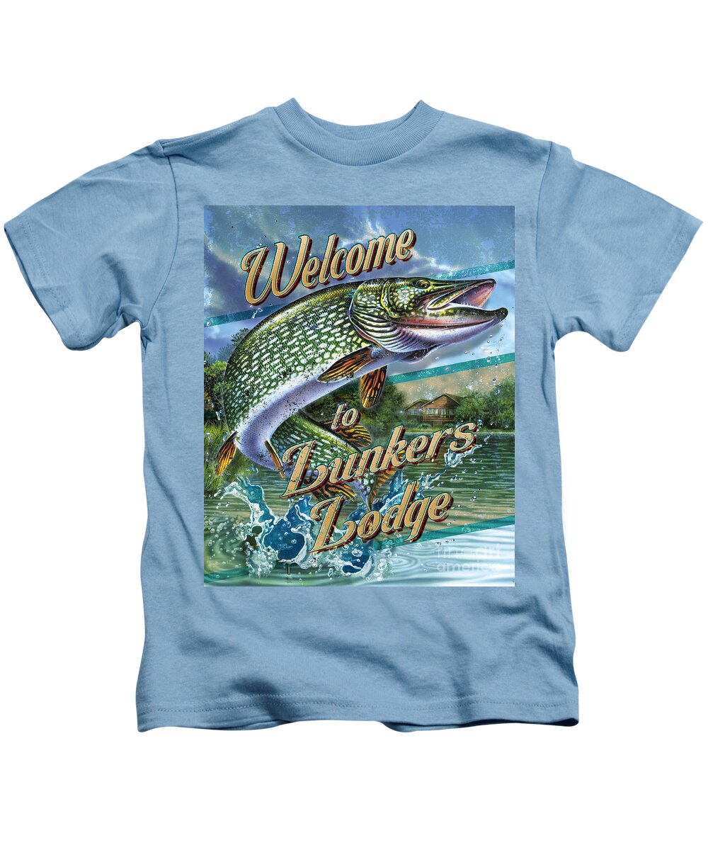 Jon Q Wright Kids T-Shirt featuring the painting Lunkers Lodge Sign by JQ Licensing