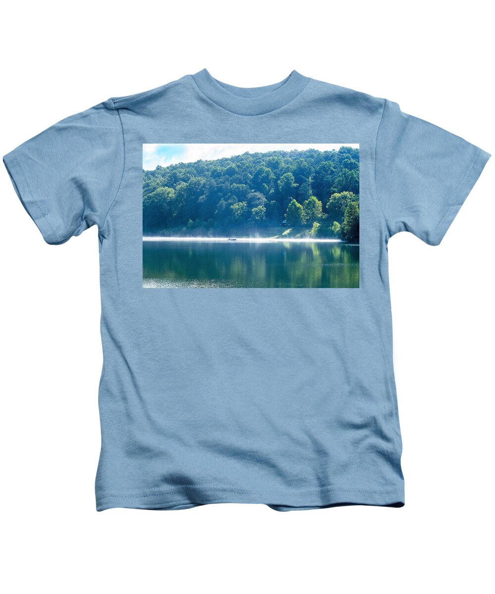 Fishing On A Lake Kids T-Shirt featuring the photograph Morning Mist by Mary Ann Artz