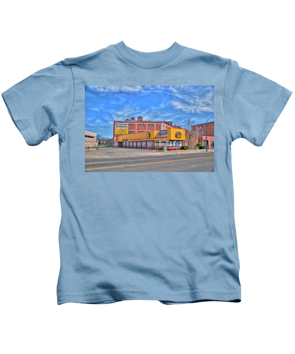 Buildings Kids T-Shirt featuring the photograph Mr Tire 15117 by Guy Whiteley