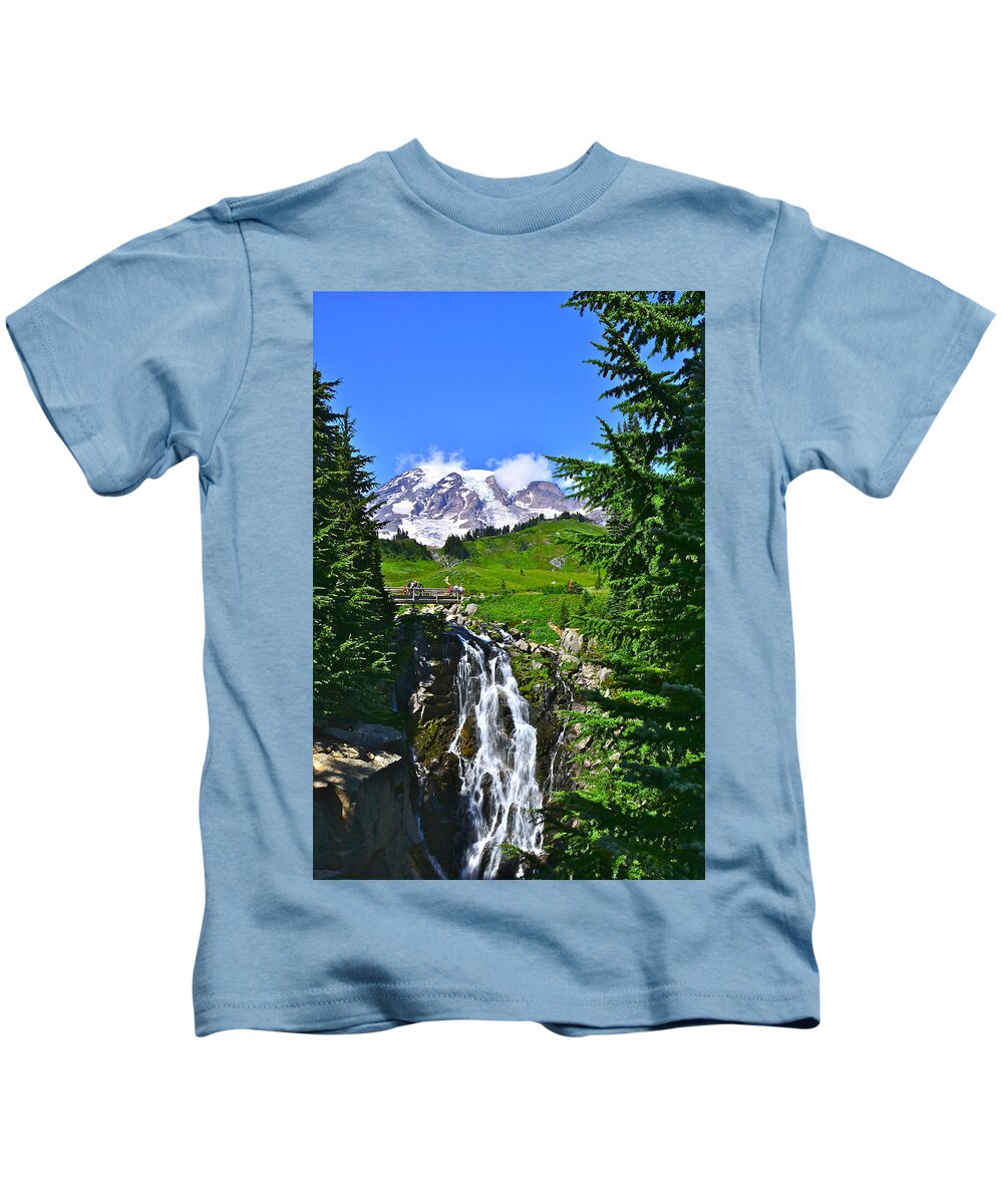 Mt. Rainier National Park Kids T-Shirt featuring the photograph Mt. Rainier from Myrtle Falls by Don Mercer