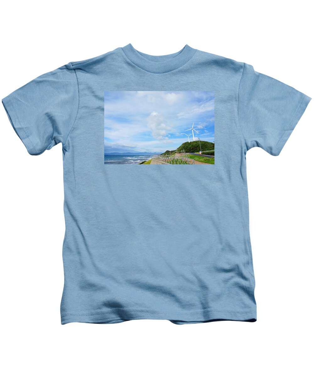 Sea Windmill Sky Cloud Kids T-Shirt featuring the photograph Ocean Windmill by Yu Shiraishi