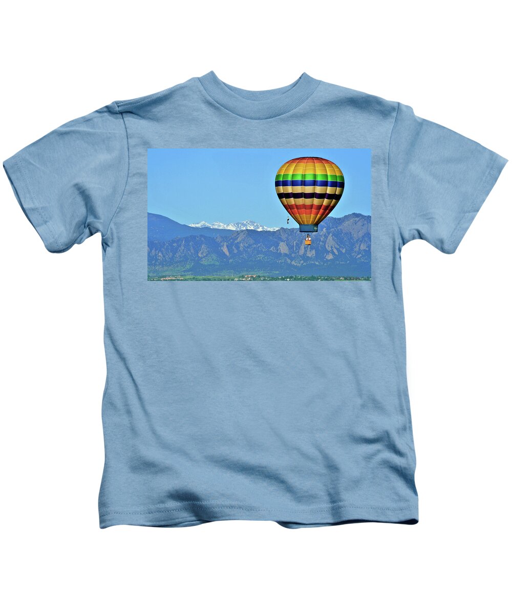 Hot Air Balloon Kids T-Shirt featuring the photograph Over The Flatirons by Scott Mahon