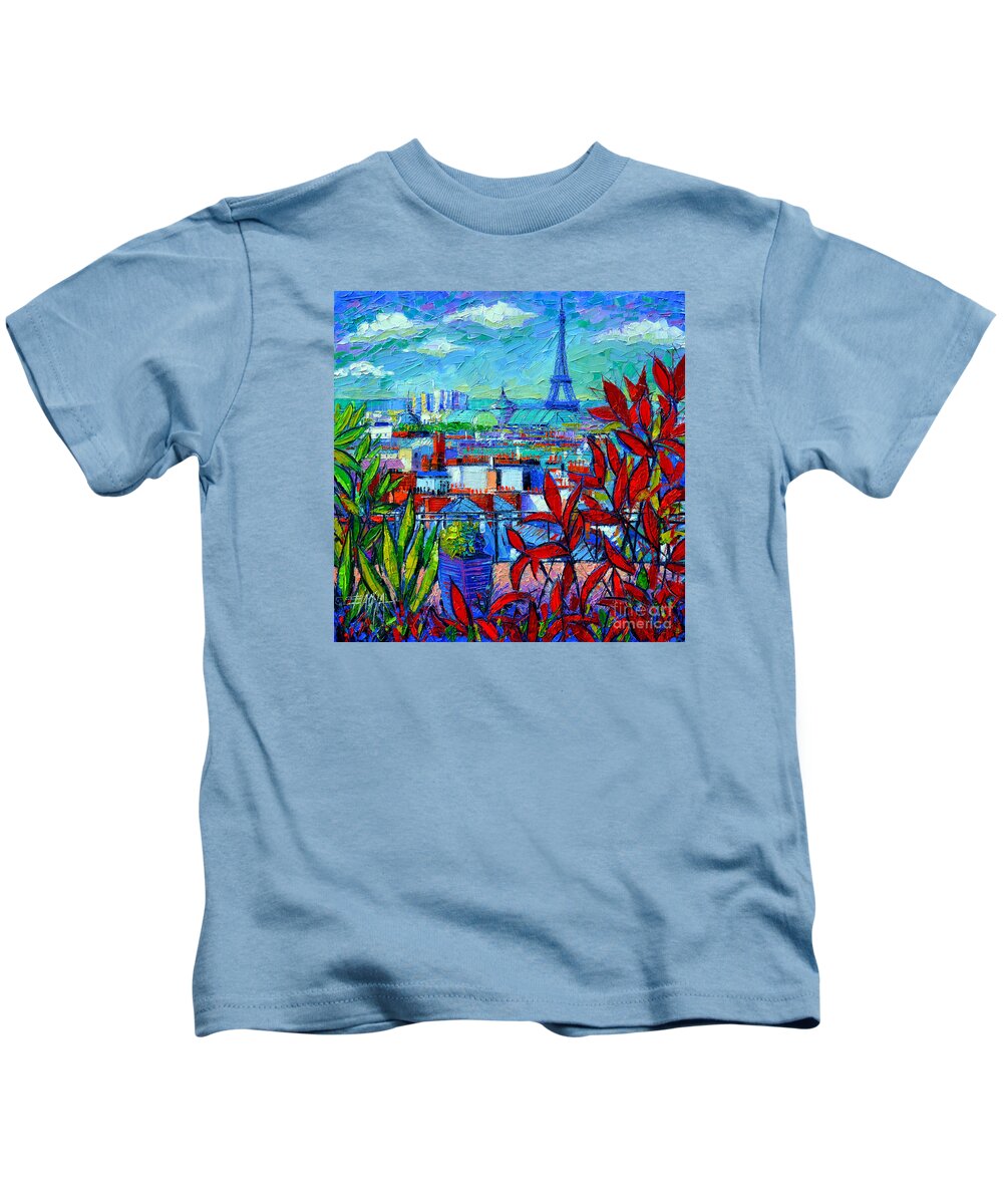 Paris Rooftops Kids T-Shirt featuring the painting Paris Rooftops - View From Printemps Terrace  by Mona Edulesco