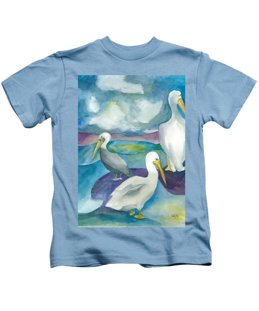 Pelicans Kids T-Shirt featuring the painting Pelicans by Kelly Perez