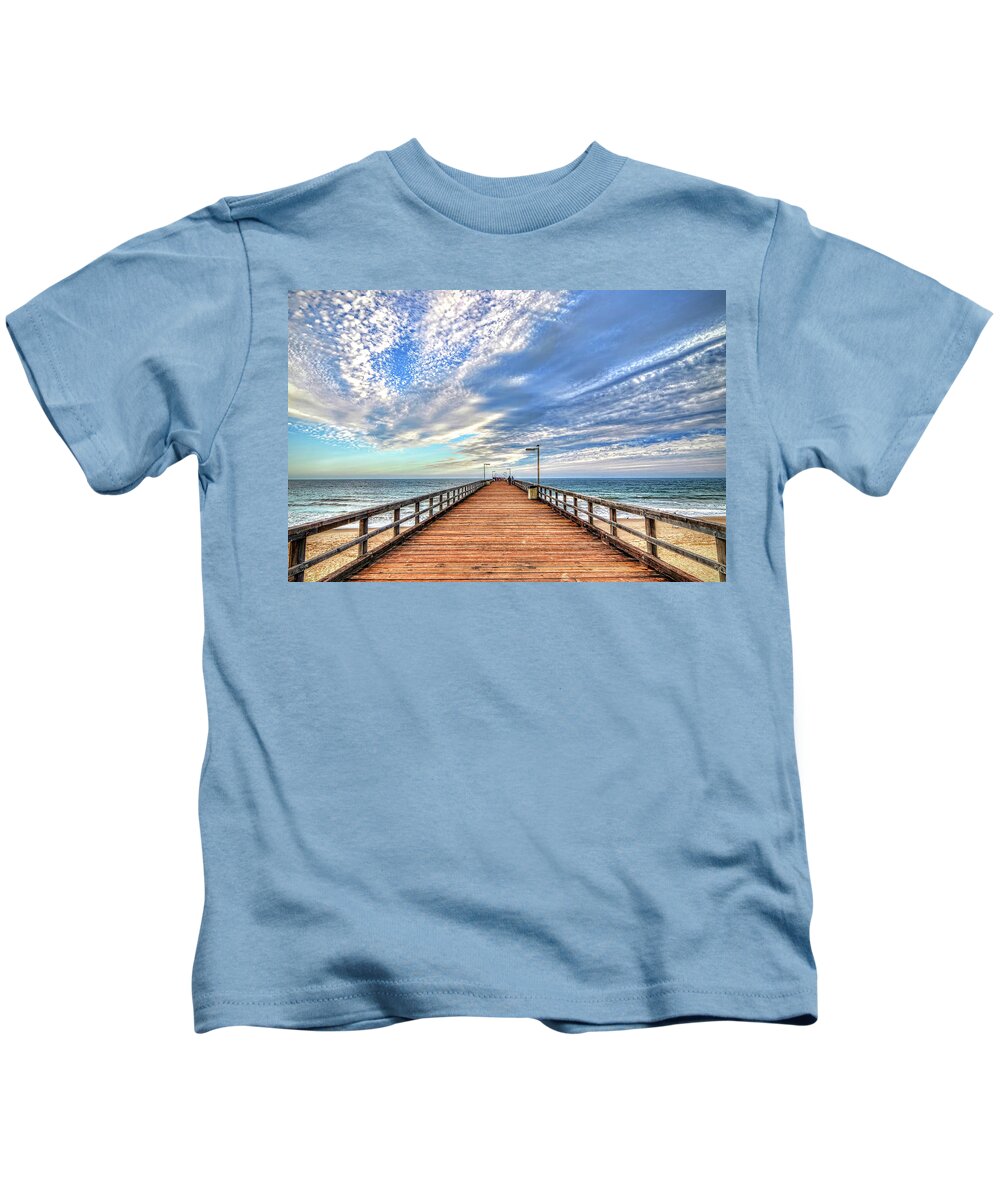 Pier Water Clouds Ocean Wood Kids T-Shirt featuring the photograph Port Hueneme pier by Wendell Ward