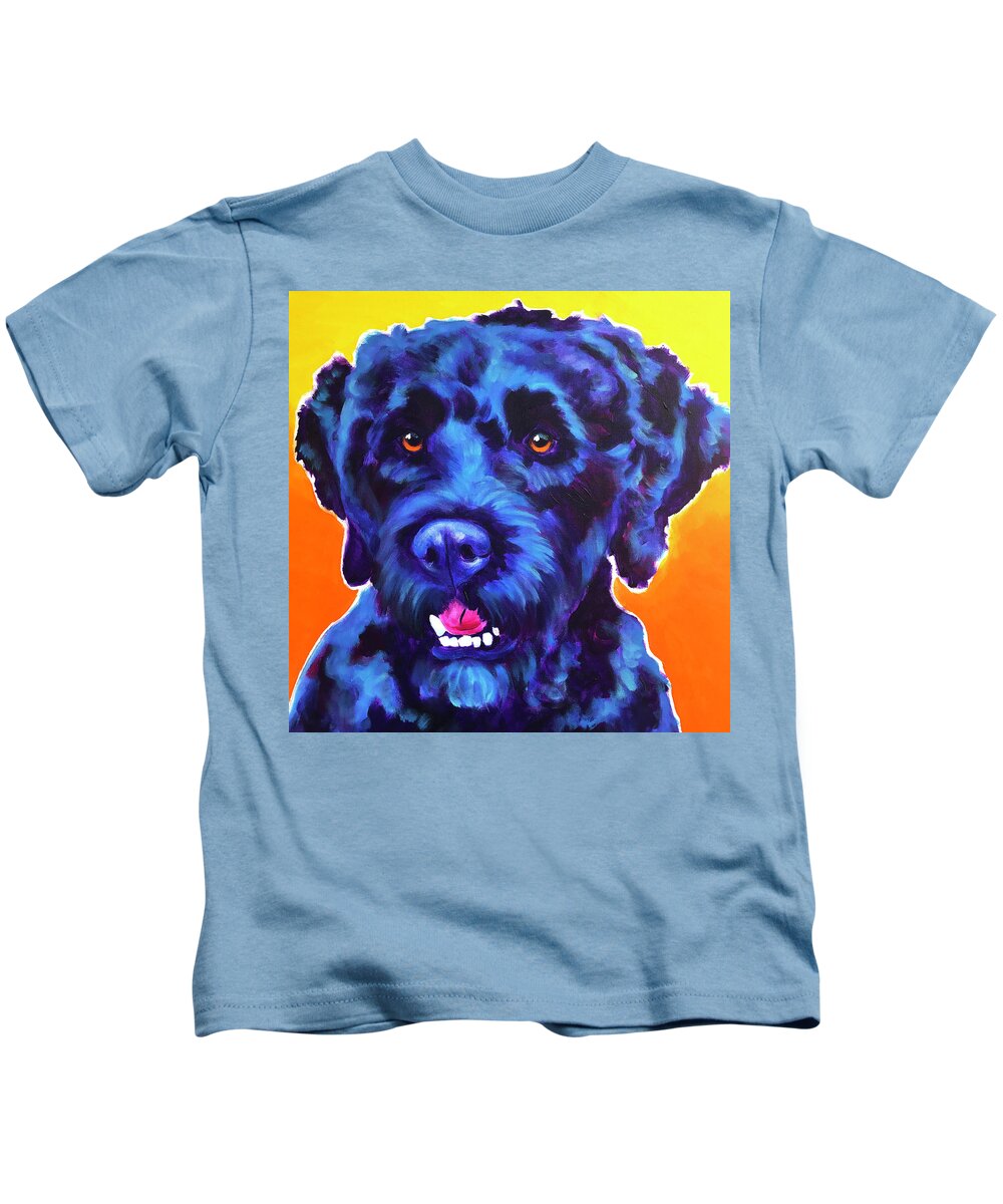 Pet Portrait Kids T-Shirt featuring the painting Portuguese Water Dog - Banks by Dawg Painter