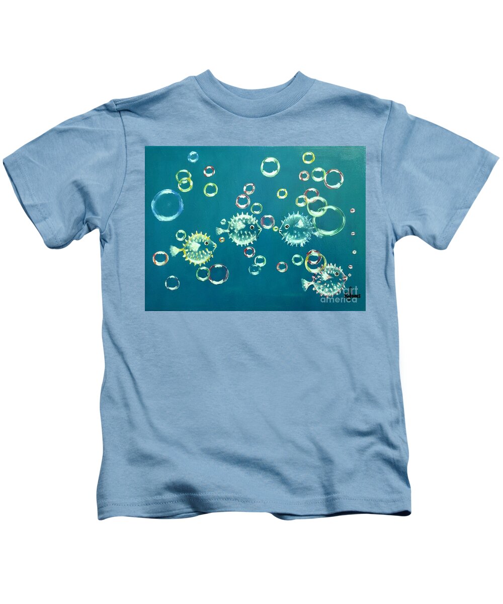 Puffer Fish Kids T-Shirt featuring the painting Puffed up with Pride by Karen Jane Jones