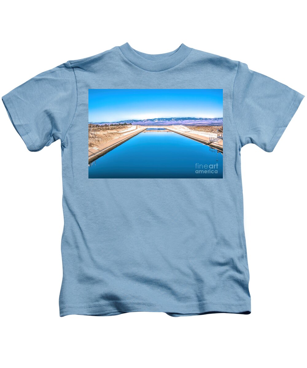 Purple Mountains Majesty; Snowcapped Mountains; California Aqueduct; River; Stream; Creek; Flowing Water; Running Water; Mojave Desert; Mohave Desert; Antelope Valley; Fairmont; Joe Lach; Reflection Kids T-Shirt featuring the photograph Purple Mountains Majesty by Joe Lach