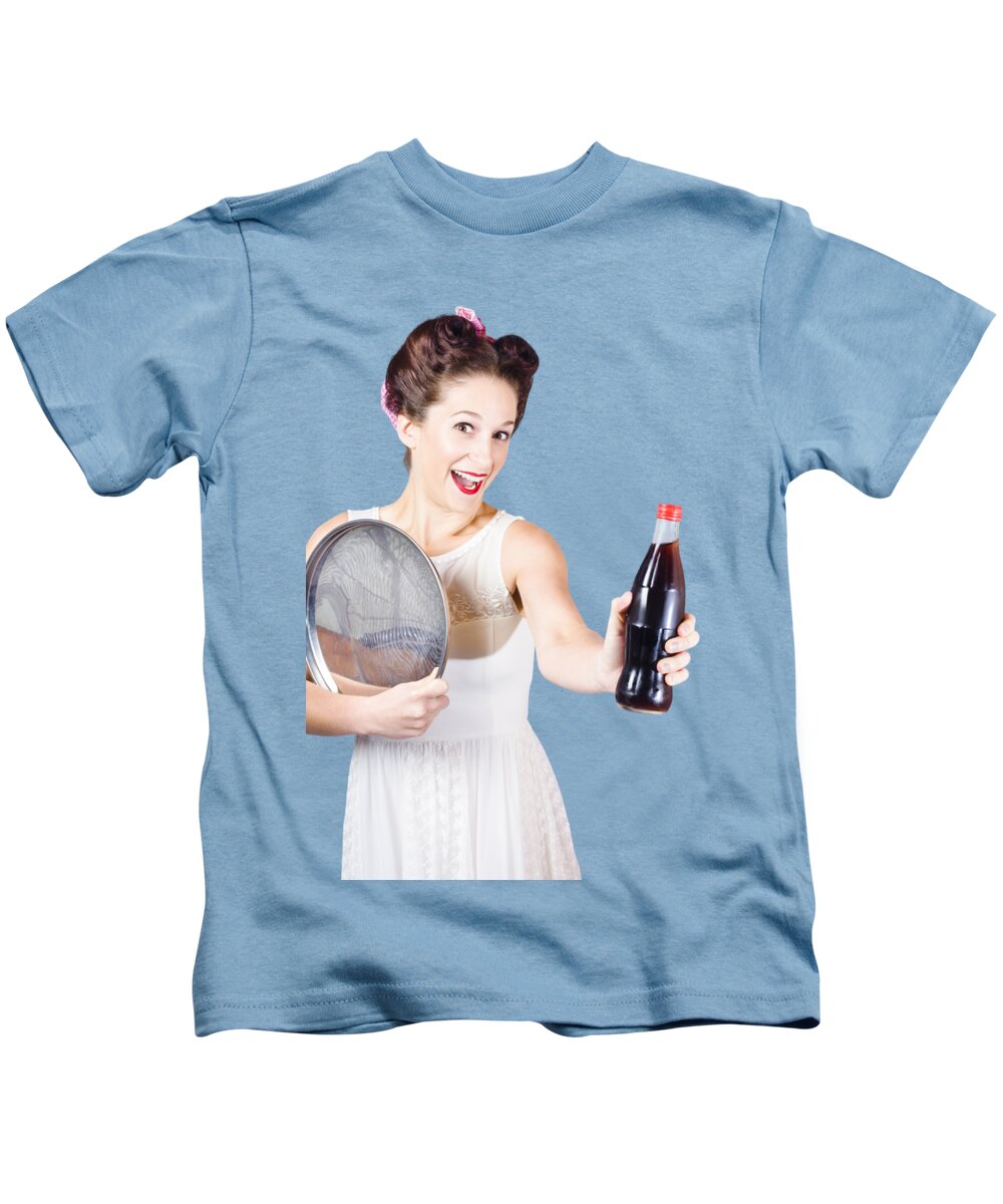 Soda Kids T-Shirt featuring the photograph Retro pin-up girl giving bottle of soft drink by Jorgo Photography