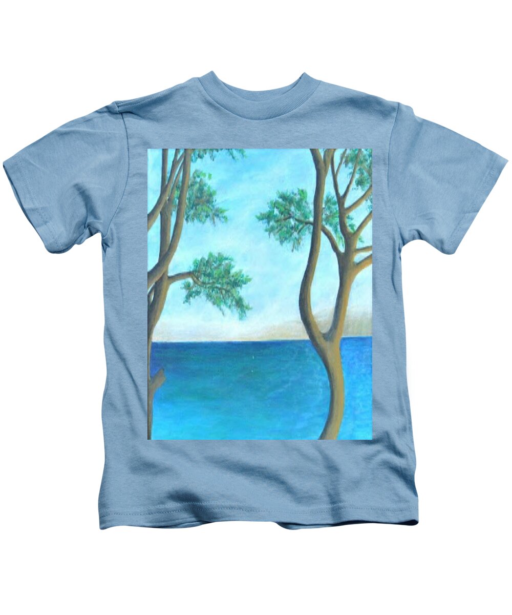 #acrylicpaintings #landscapepaintings #originalartforsale #artwithwaterandtrees #coolart #fineartamerica.com #originalpaintings Kids T-Shirt featuring the painting Room with a View by Cynthia Silverman