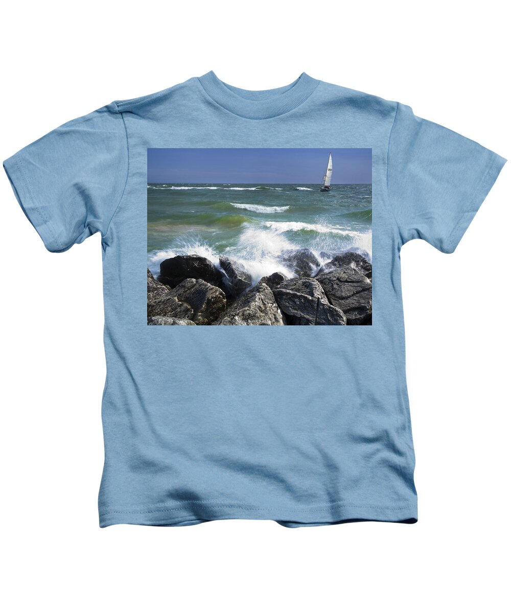 Lake Kids T-Shirt featuring the photograph Sailboat sailing off the shore at Ottawa Beach State Park by Randall Nyhof