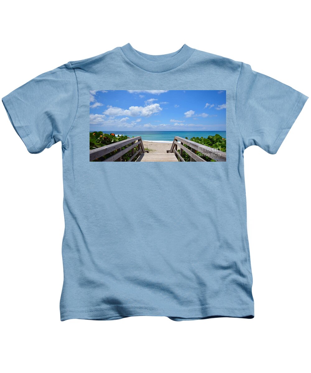ricardo Creations Kids T-Shirt featuring the photograph Seascape Sunrise Morning Boardwalk Beach B1 by Ricardos Creations