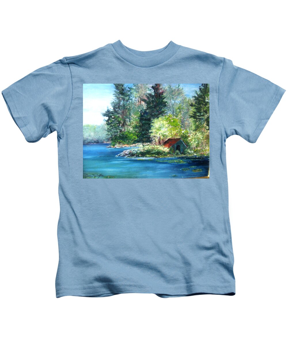 Millsite Lake Kids T-Shirt featuring the painting Secluded Boathouse-Millsite Lake by Jan Byington
