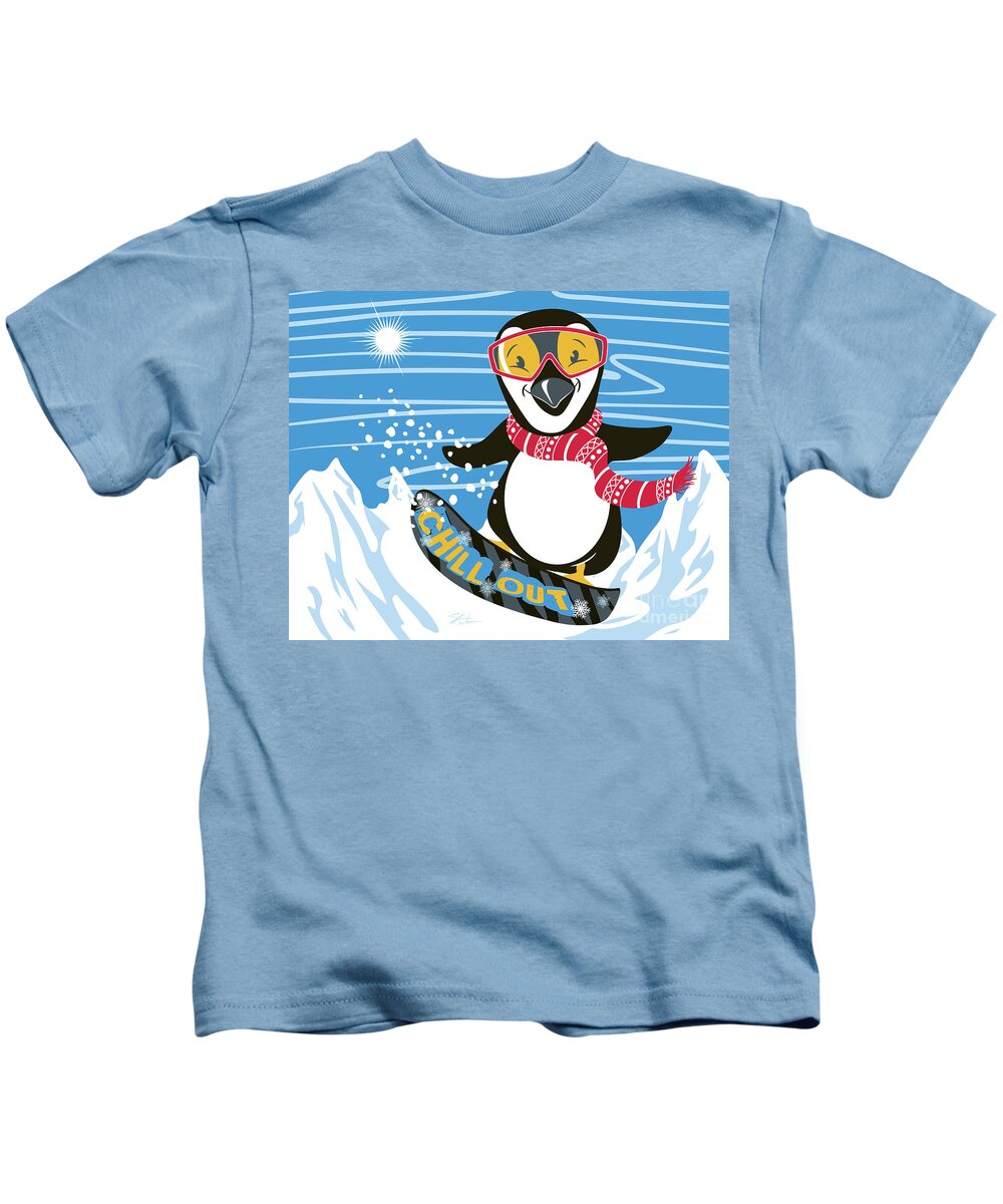 Penguin Kids T-Shirt featuring the digital art Snowboarding Penguin by Shari Warren