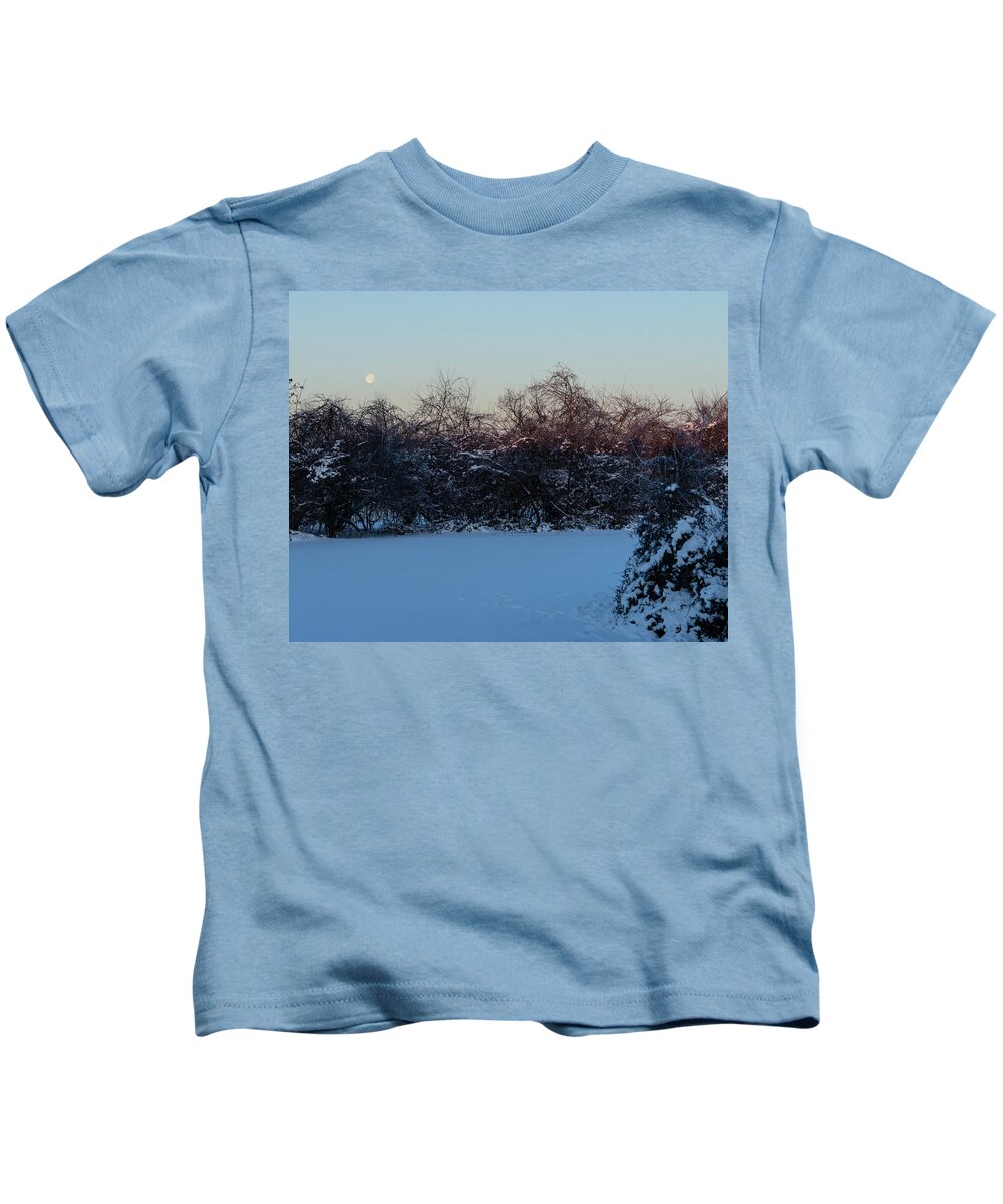 Kentmd Kids T-Shirt featuring the photograph Snowy Moonset by Steve Atkinson