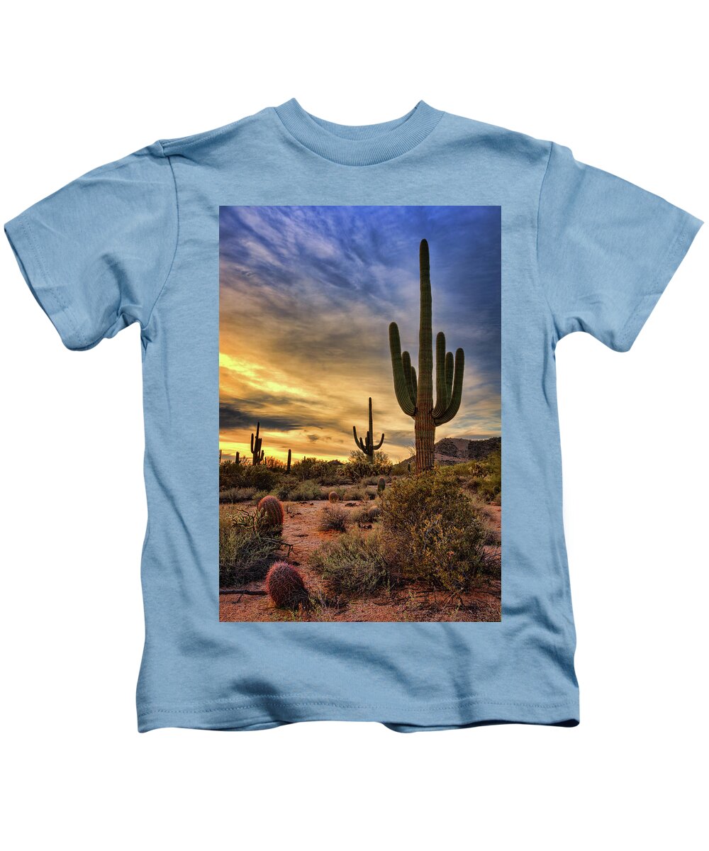 Saguaro Sunset Kids T-Shirt featuring the photograph Standing Tall At Sunset by Saija Lehtonen