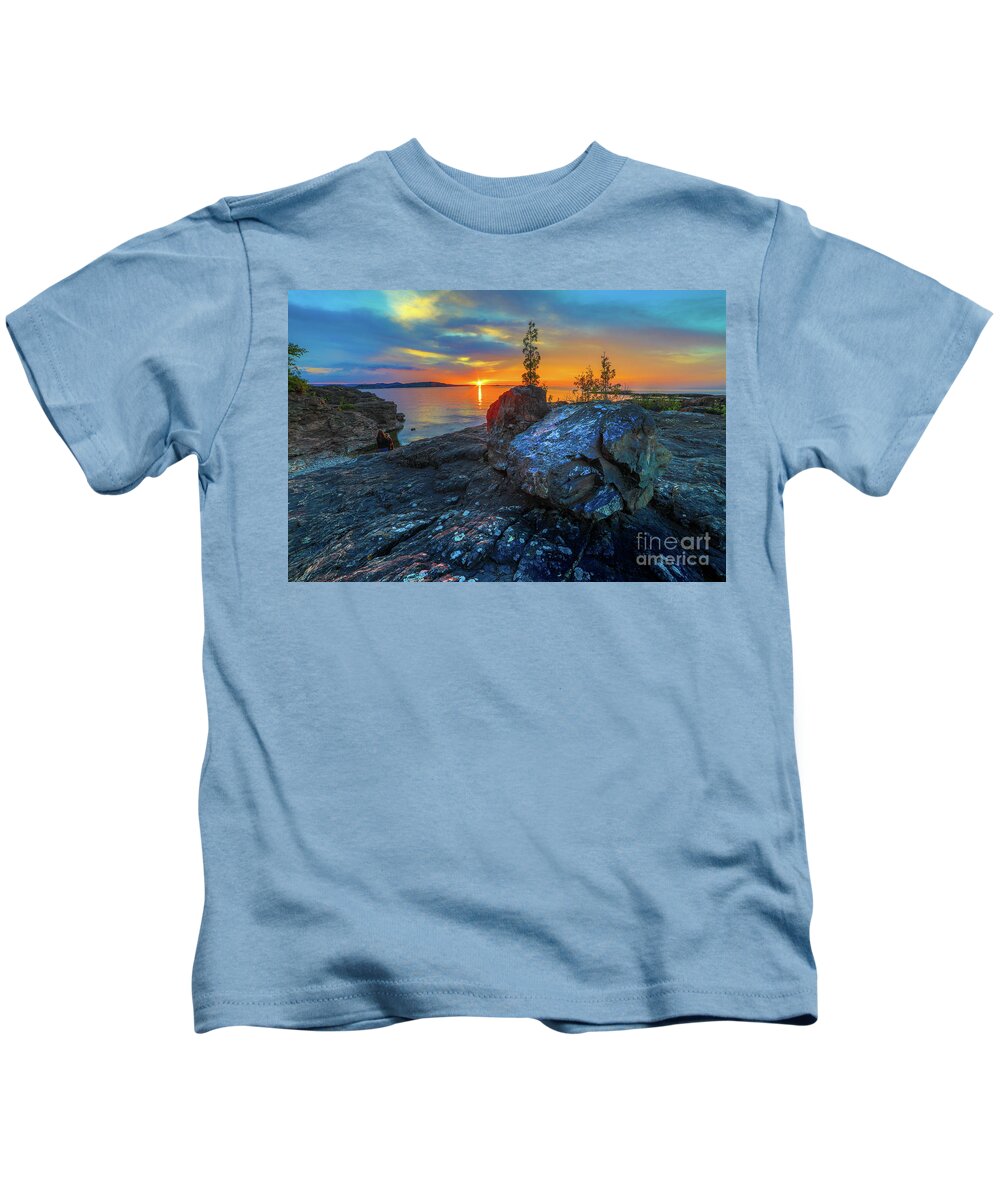 Presque Isle Kids T-Shirt featuring the photograph Sunset Black Rocks Marquette Michigan -7491 by Norris Seward
