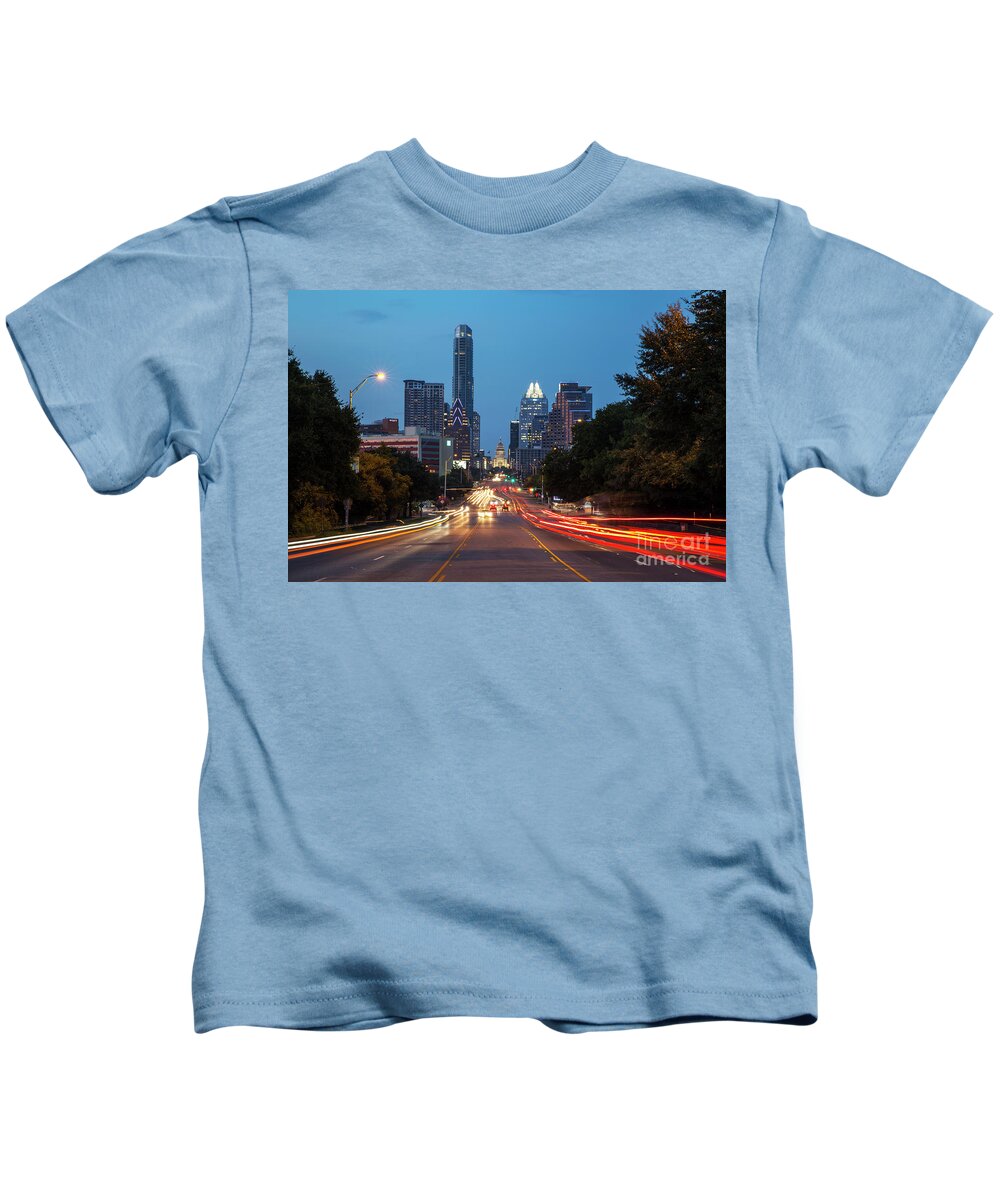 Austin Skyline Kids T-Shirt featuring the photograph The Austin Skyline and Texas Capitol at dusk as seen from South Congress Avenue by Dan Herron