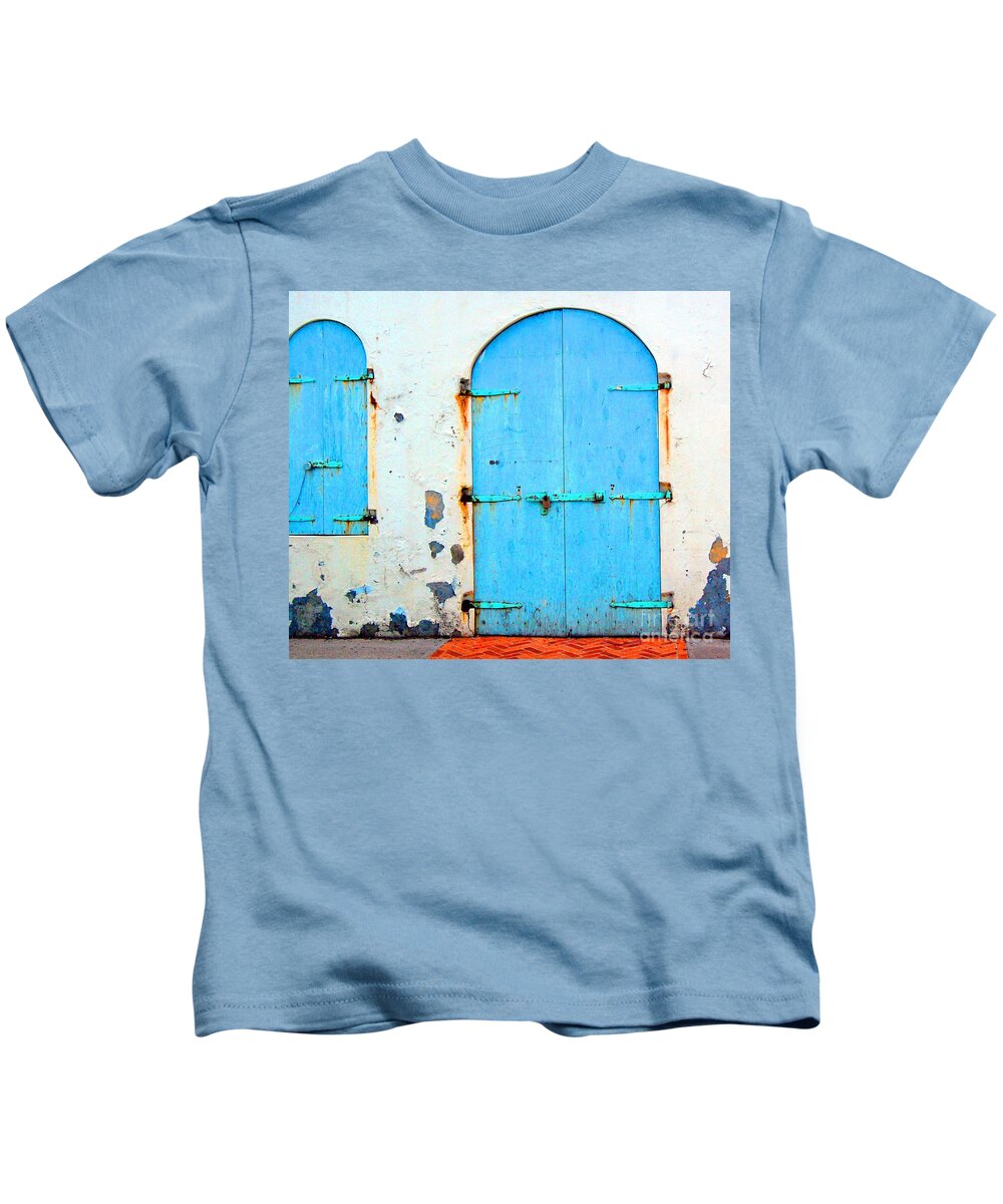 Door Kids T-Shirt featuring the photograph The Blue Door Shutters by Debbi Granruth