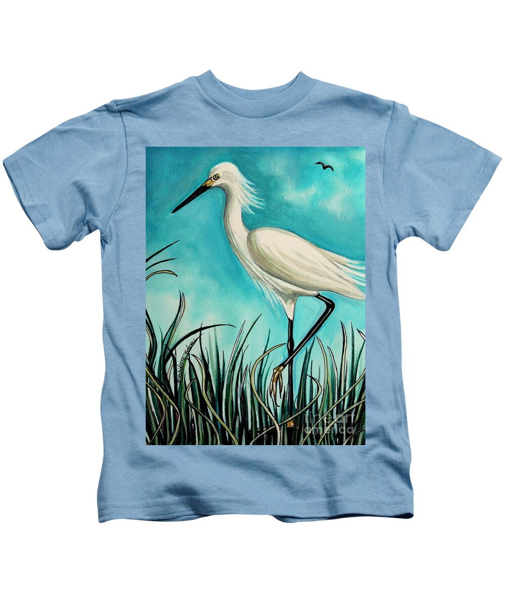 Bird Kids T-Shirt featuring the painting The White Egret by Elizabeth Robinette Tyndall