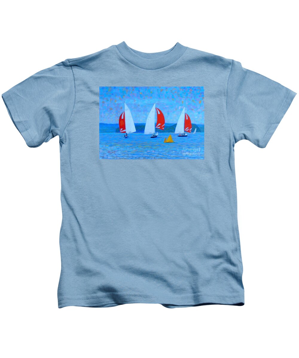 Pastels Kids T-Shirt featuring the pastel Three Red Sails by Rae Smith