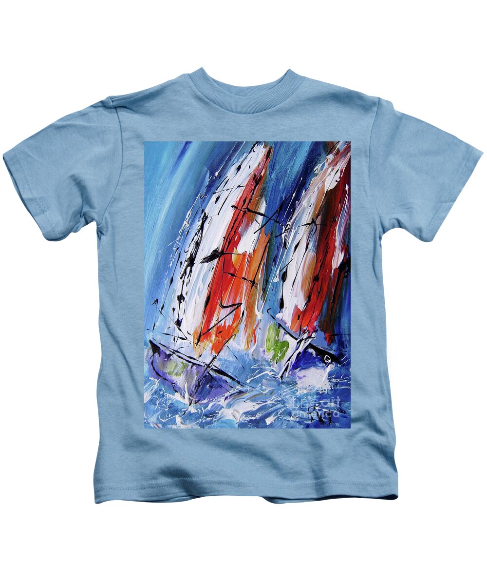 Sailing Kids T-Shirt featuring the painting Two sails on the ocean by Mary Cahalan Lee - aka PIXI