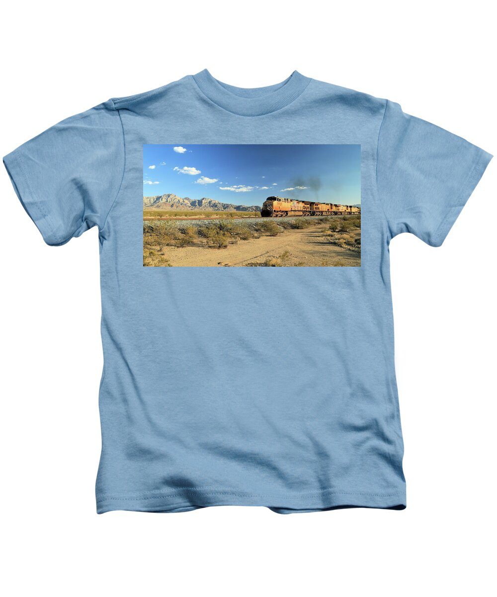 Photosbymch Kids T-Shirt featuring the photograph Union Pacific through Mojave by M C Hood