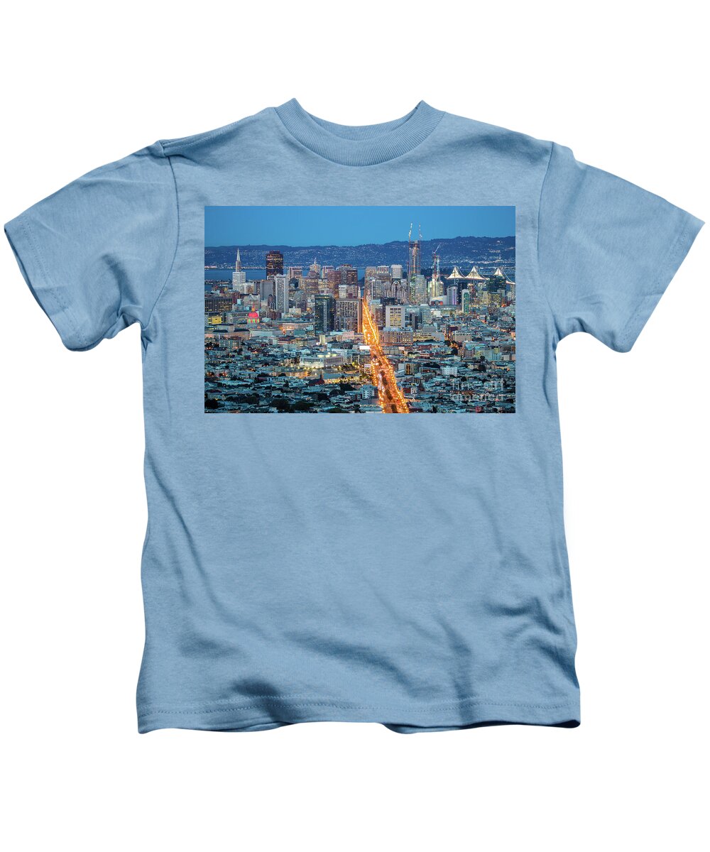 Bridge Kids T-Shirt featuring the photograph View over San Francisco by Night, California in USA by Amanda Mohler