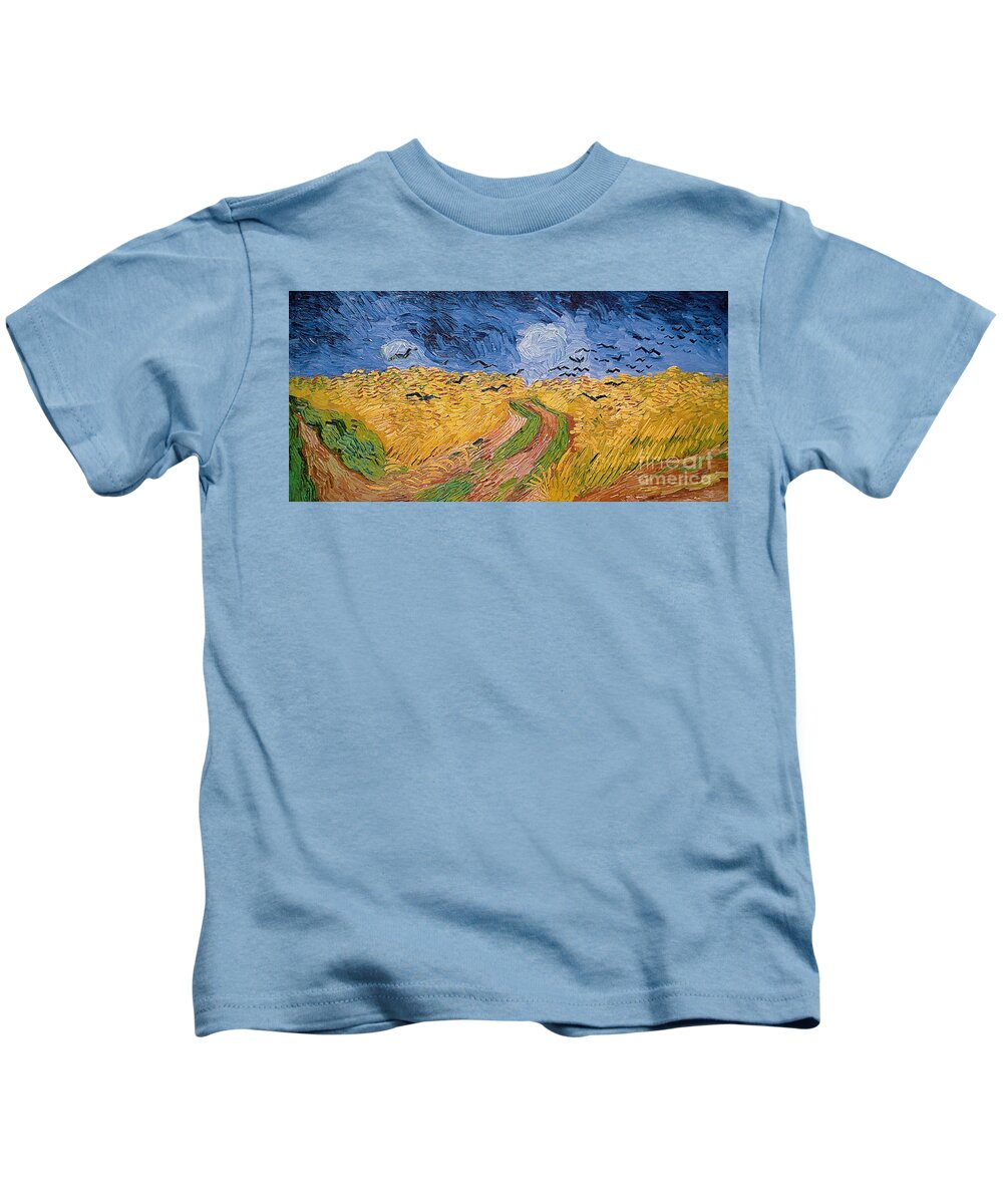 Landscape;post-impressionist; Summer; Wheat; Field; Birds; Threatening; Sky; Cloud; Post-impressionism Kids T-Shirt featuring the painting Wheatfield with Crows by Vincent van Gogh