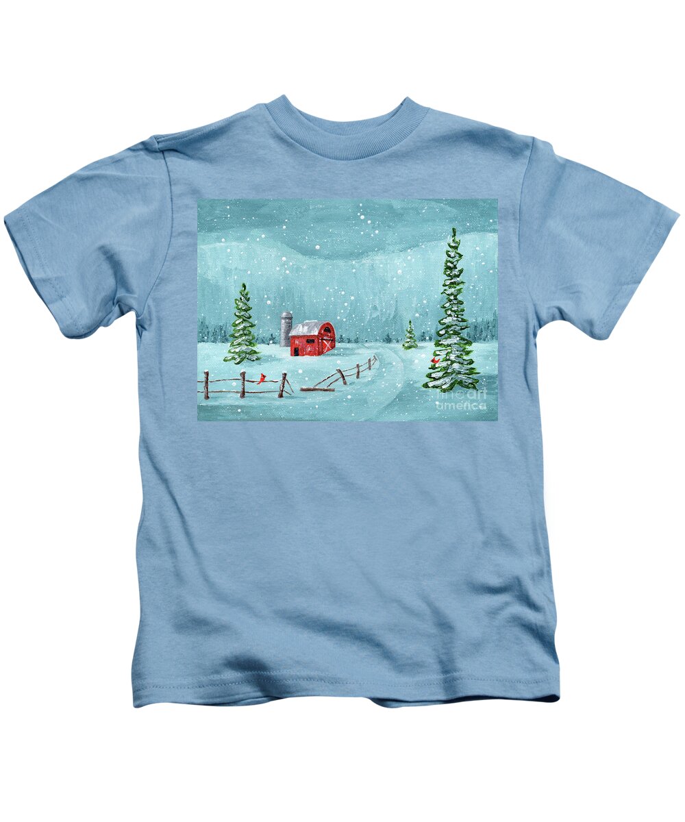 Winter Kids T-Shirt featuring the painting Winter Red Barn by Annie Troe