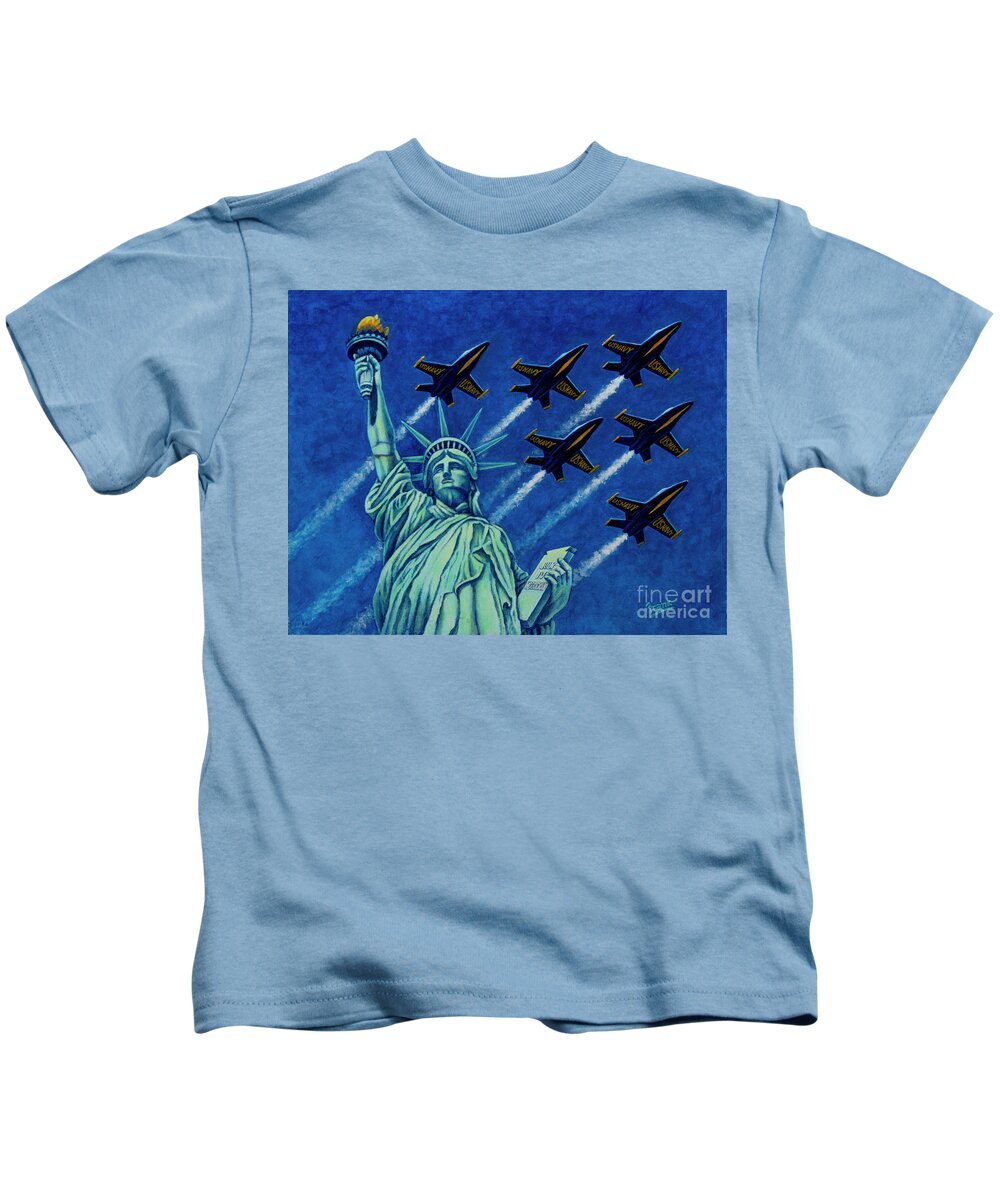 Statue Of Liberty Kids T-Shirt featuring the painting Angels Protecting Liberty by Michael Frank