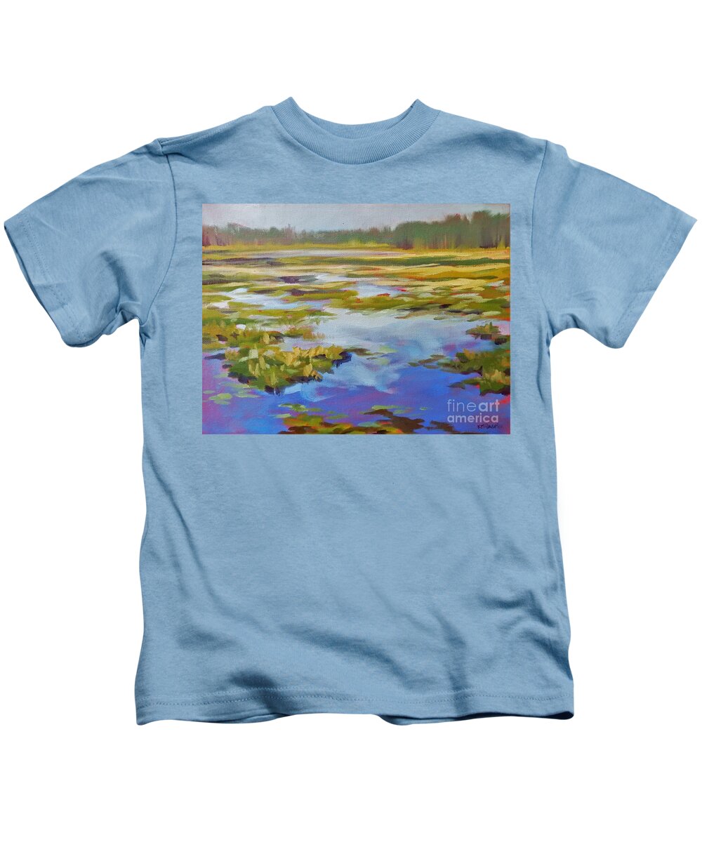 Landscape Kids T-Shirt featuring the painting Blue Sky Reflections by K M Pawelec