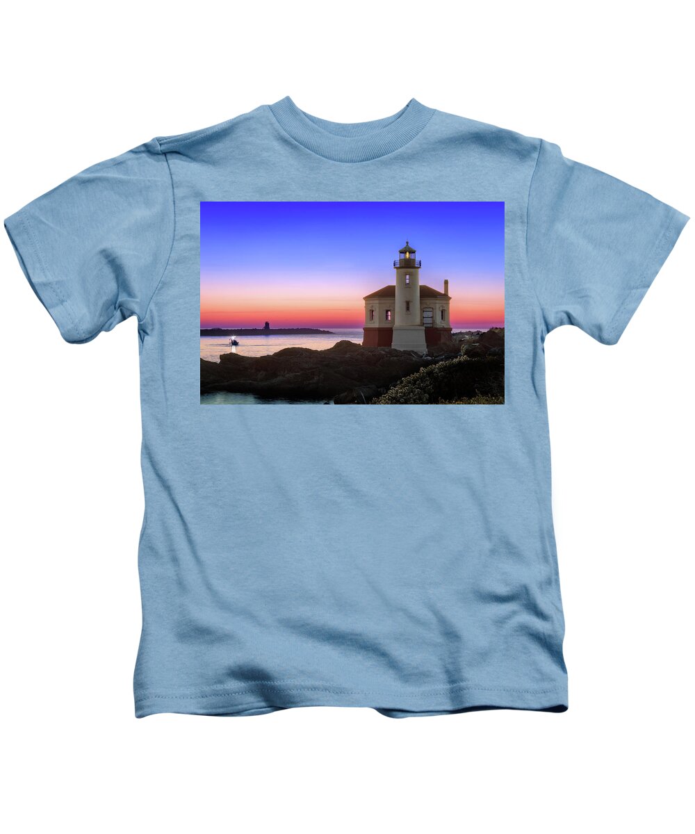 Lighthouse Kids T-Shirt featuring the photograph Crab Boat At The Bandon Lighthouse by James Eddy