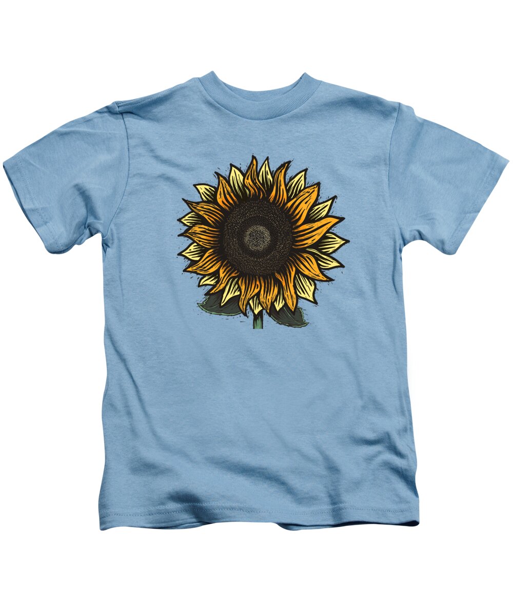 Sun Kids T-Shirt featuring the painting Here Comes The Sunflower Woodcut by Little Bunny Sunshine