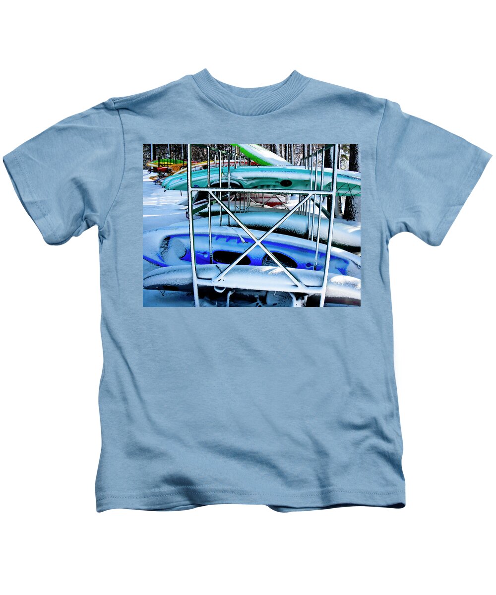 Kayaks Snow Tahoe Kids T-Shirt featuring the photograph Kayaks in Snow by Neil Pankler