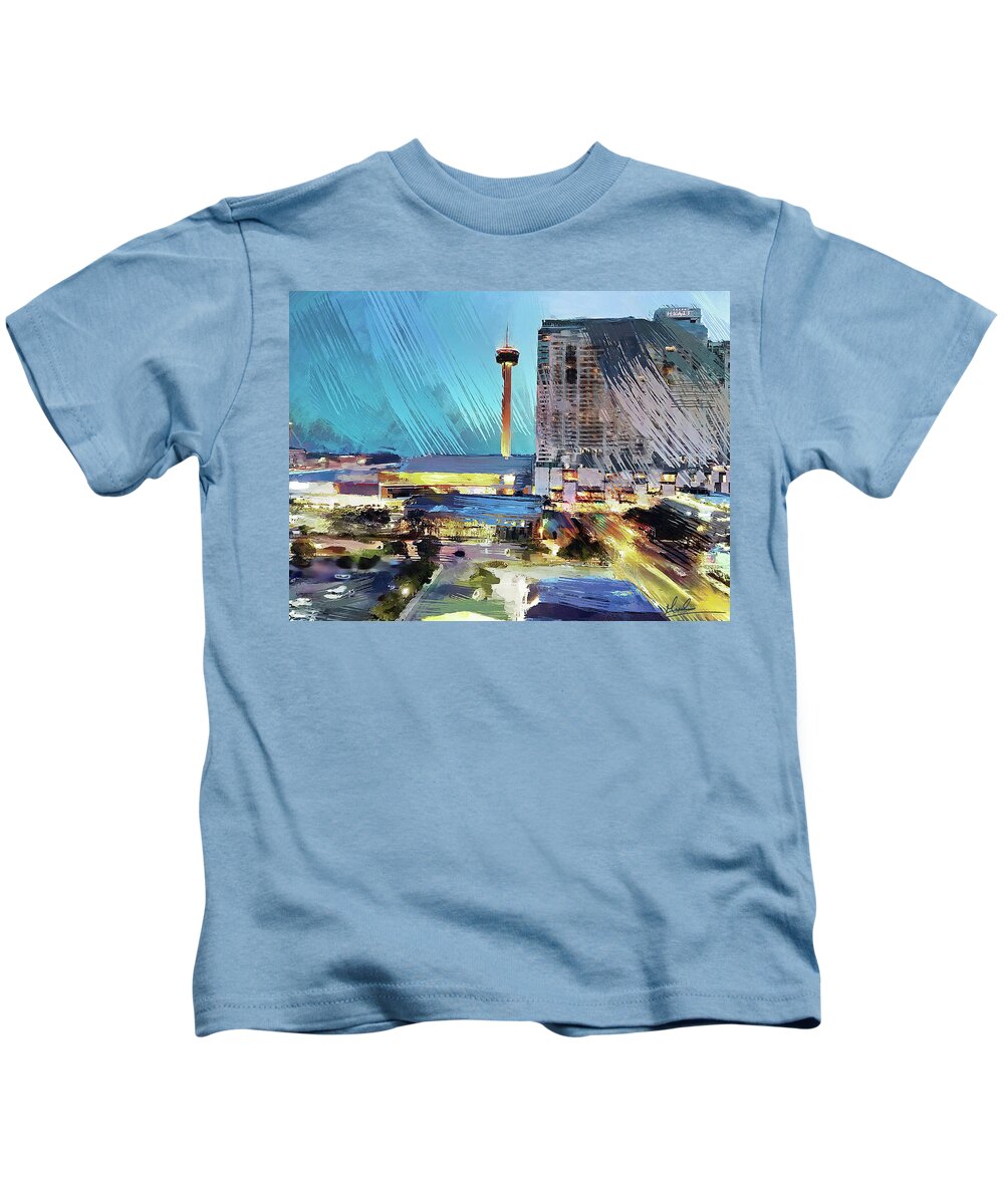 Tower Of The Americas Kids T-Shirt featuring the photograph San Antonio Lights by GW Mireles