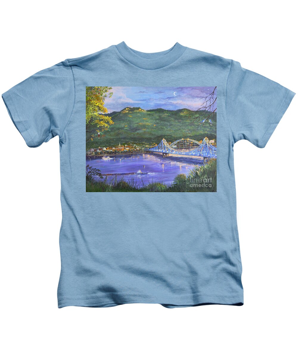 Blue Bridges Kids T-Shirt featuring the painting Twilight At Blue Bridges by Marilyn Smith