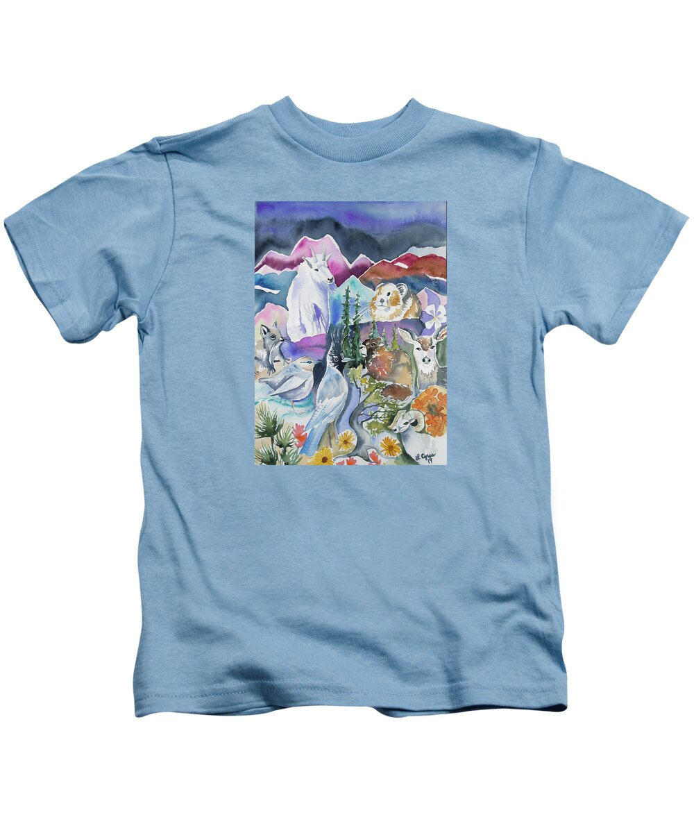 Rocky Mountain Kids T-Shirt featuring the painting Watercolor - A Rocky Mountain Ecosystem by Cascade Colors