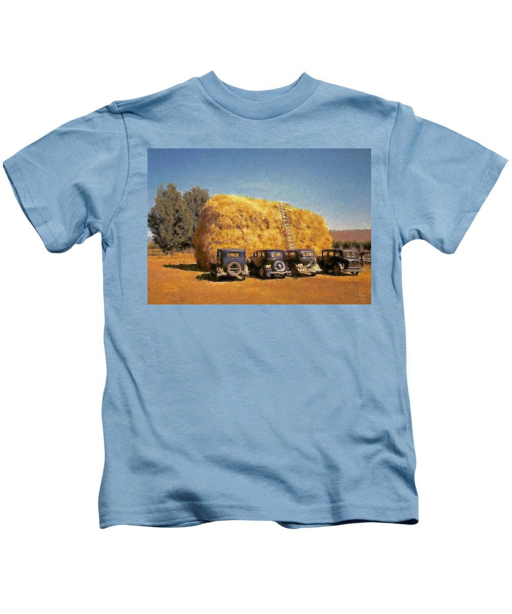 1940s Kids T-Shirt featuring the photograph 1940 - Haystack and Old Cars by Glenn Galen