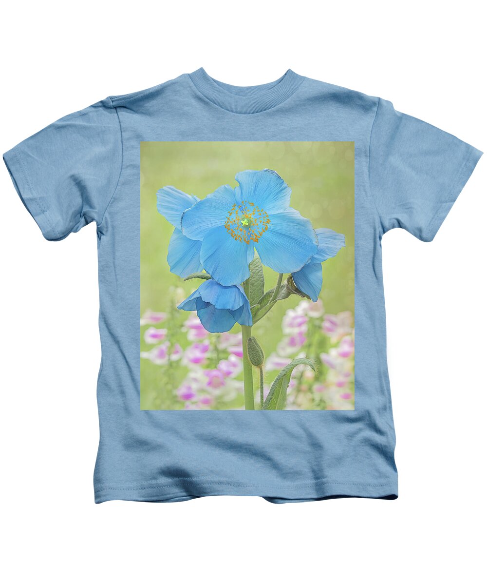 Blue Poppy Kids T-Shirt featuring the photograph A Himalayan Blue Poppy in The Garden by Sylvia Goldkranz