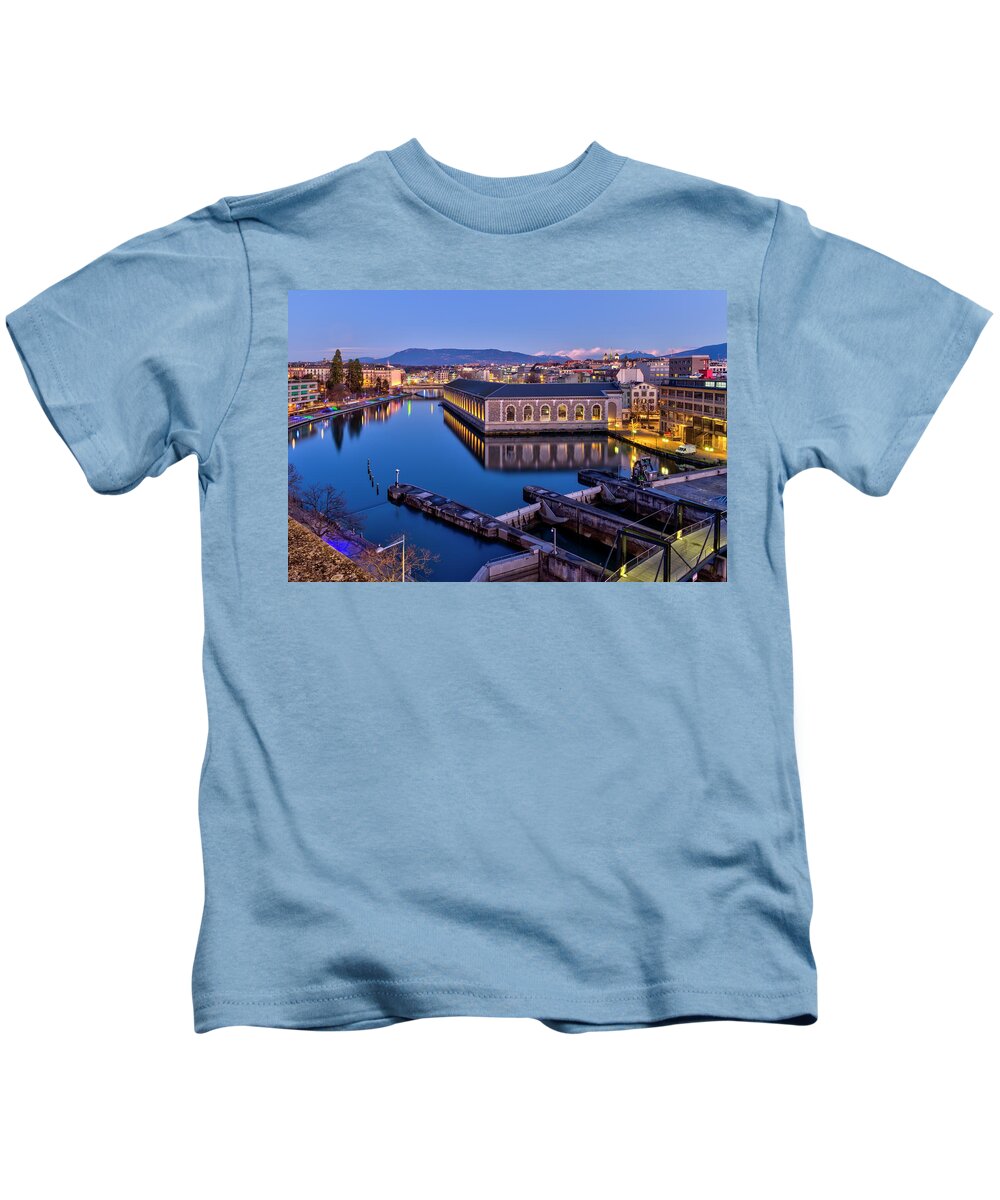 Geneva Kids T-Shirt featuring the photograph BFM, cathedral tower and Rhone river, Geneva, Switzerland, HDR by Elenarts - Elena Duvernay photo