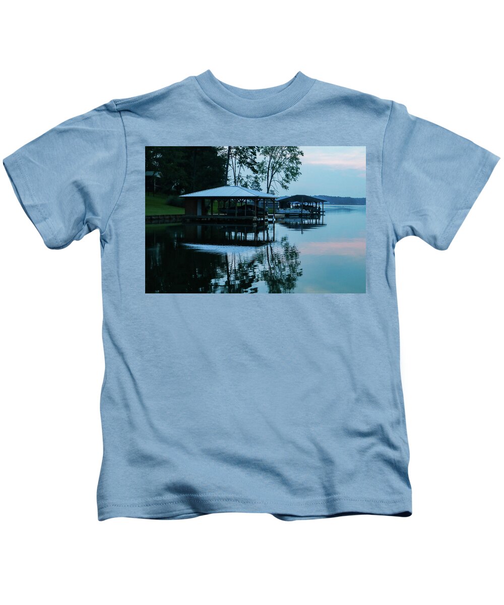 Morning Kids T-Shirt featuring the photograph Blue Boathouses by Ed Williams